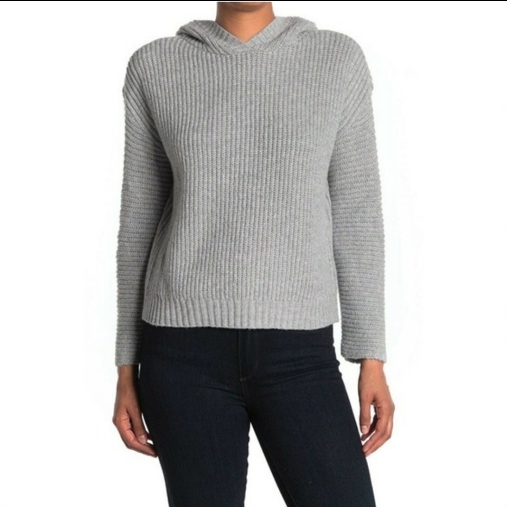 Abound Gray Cotton Blend Ribbed Knit Hooded Sweater S Split Hem Minimalist Cozy